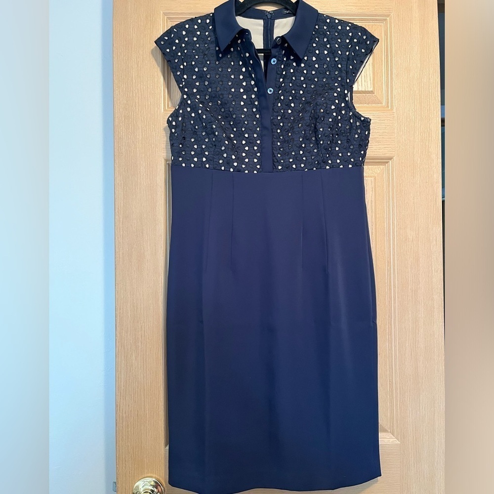 Ann Taylor Navy Eyelet Detail Dress Cap Sleeve, Peter Pan Collar